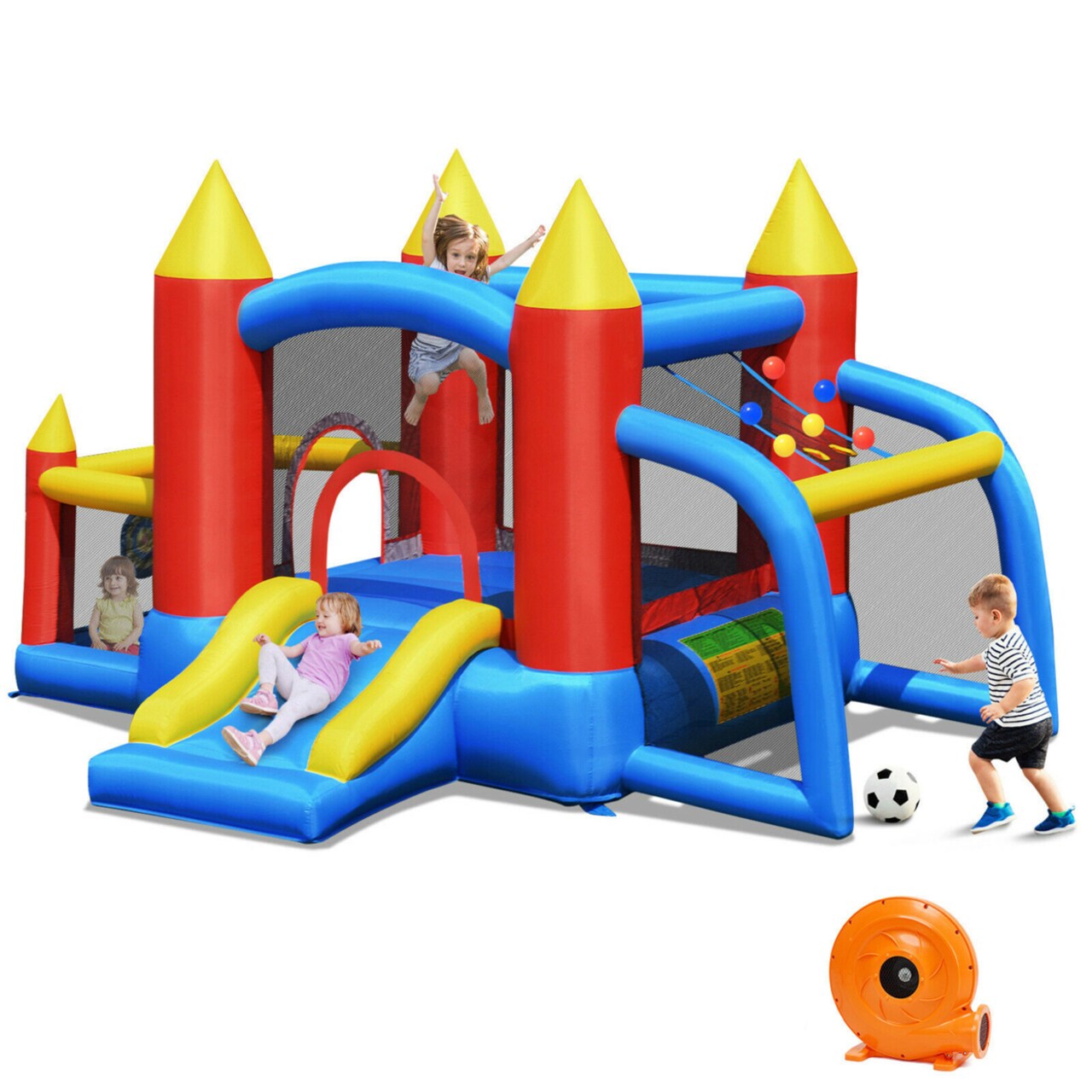 Gymax Kid Inflatable Bounce House Slide Jumping Castle w/Soccer Goal Ball Pit and Blower